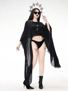 ROMWE Goth 女式哥特式纯色斗篷袖罩衫 夏季 - 黑色 - 查看 4