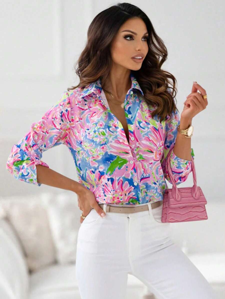 INAWLY 女士扎染印花长袖衬衫、长袖上衣 - 粉色 - 查看 1