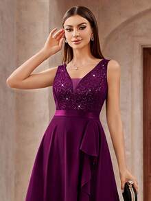 MIUSOL Deep V-Neck Sequin Lace Ruffle Trim Chiffon Prom Party Swing Dress - Maroon - View 8