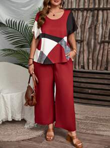 EMERY ROSE Conjunto de dos piezas para el verano de talla grande con top de mangas cortas con patrón geométrico y pantalones anchos de pierna