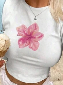 INAWLY 夏季Y2K花卉印花嬰兒短袖上衣 - 白色 - 查看 3