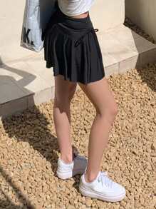 DAZY Women's Black Pleated Drawstring Skirted Bikini Bottoms, Summer Beach Swimwear, Slimming - Black - View 6