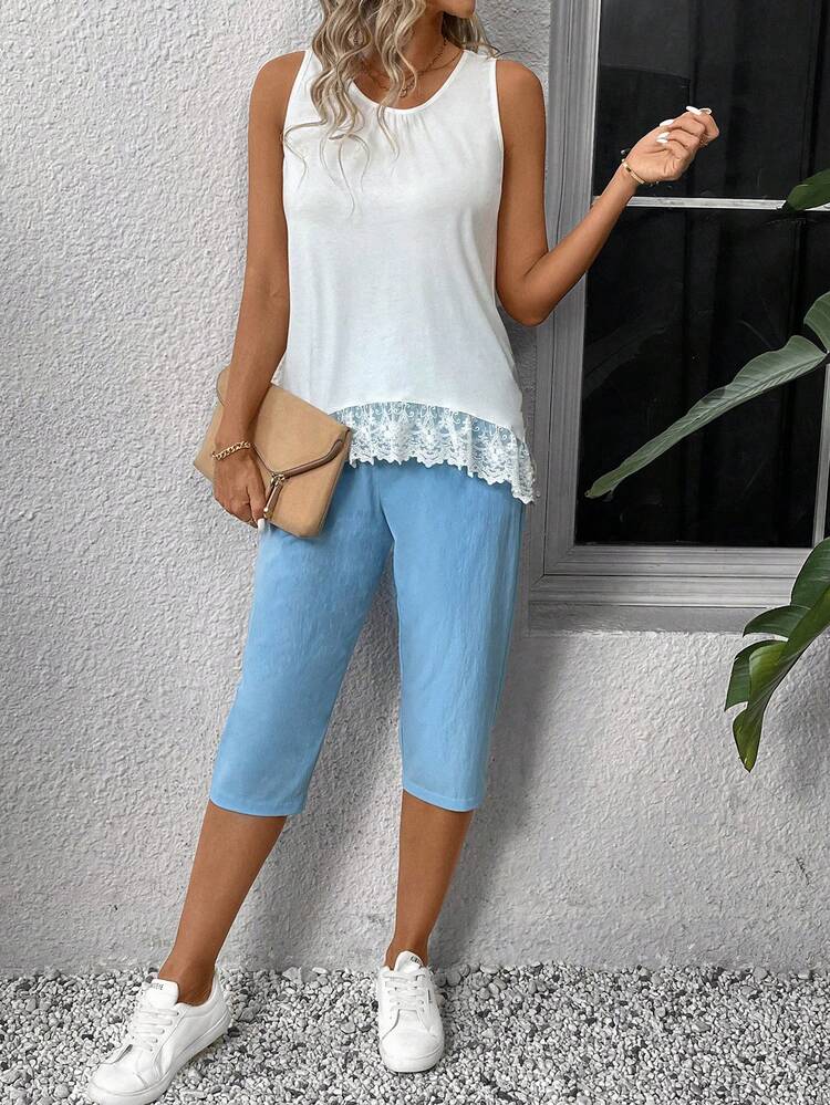 Women's Summer Lace Patchwork Sleeveless Vest And Solid Color Pants Set Outfits