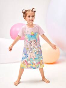 少女淺粉色卡通少女印花短袖睡衣裙，家居服 - 淺粉色 - 查看 5