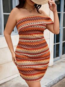 SHEIN VCAY Plus Size Knitted Multicolor Retro Printed Off-Shoulder Women's Summer Vacation Dress - متعدد الألوان - مشاهدة 5