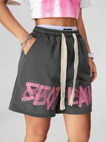 SHEIN Coolane Women's Printed Drawstring Simple Casual Shorts For Daily Wear