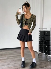 SHEIN EZwear 女士春夏季花卉網眼透視長袖短款扣綁前短T卹 - 軍綠色 - 查看 4