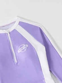 Tween Girl Contrast Trim Zipper Casual Long Sleeve Two-Piece Swimwear (Top & Bottom) - Purple - View 4