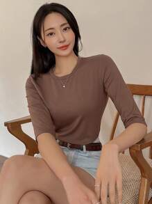 DAZY 夏季休闲纯色基本款短袖T恤，商务休闲女装 - 棕色 - 查看 1