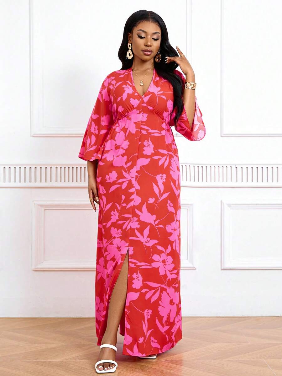 SHEIN Lady Plus Size Women's Pink V-Neck Floral Print Midi Dress With Half Sleeves And Extra Length - Multicolor - View 1