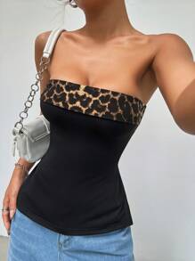 SHEIN EZwear 女士豹紋拼色無肩帶上衣 - 黑色 - 查看 1