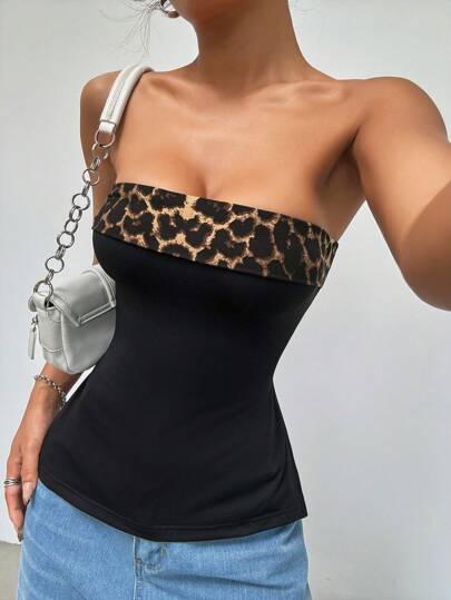 SHEIN EZwear 大码女式豹纹撞色抹胸上衣