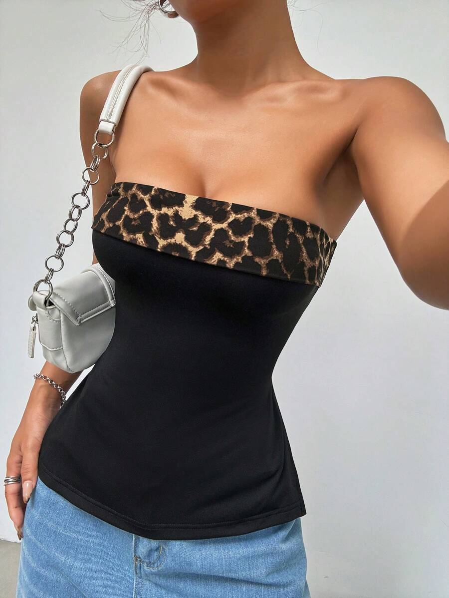 SHEIN EZwear 女士豹紋拼色無肩帶上衣 - 黑色 - 查看 1