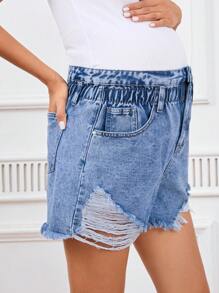 SHEIN Maternity Distressed Frayed Edge Casual Summer Denim Shorts - Light Wash - View 1
