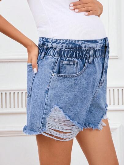 SHEIN Maternity Distressed Frayed Edge Casual Summer Denim Shorts