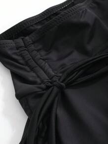 DAZY Women's Black Pleated Drawstring Skirted Bikini Bottoms, Summer Beach Swimwear, Slimming - Black - View 8