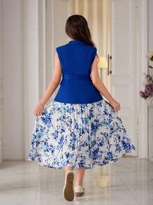 Tween Girl Elegant Spring/Summer Woven Solid Color Top With Ruffle Collar And Pleated Skirt Suit, Commuter Style - Blue - View 2