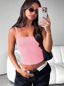 INAWLY Women's Summer Solid Color Lace Splice Slim Fit Camisole Cami Top - Pink - View 5