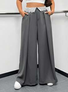 SHEIN EZwear Plus Size White Lace Foldover Belt Pockets Wide Leg Elegant Long Pants