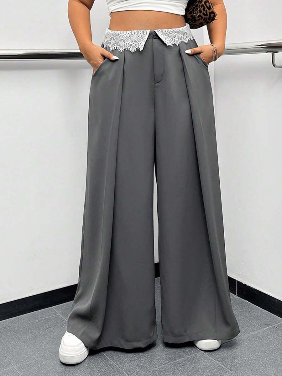 SHEIN EZwear Plus Size White Lace Foldover Belt Pockets Wide Leg Elegant Long Pants