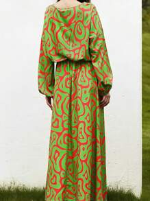 Green Vintage Lantern Sleeve Cinched Waist Midi Dress, 3/4 Sleeve, Perfect For Vacation - 薄荷綠 - 查看 2
