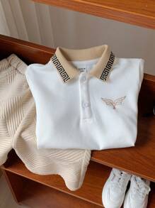 SHEIN 2pcs Young Boy Casual Classic Embroidery Logo Polo Shirt With Short Sleeves And Sports Shorts