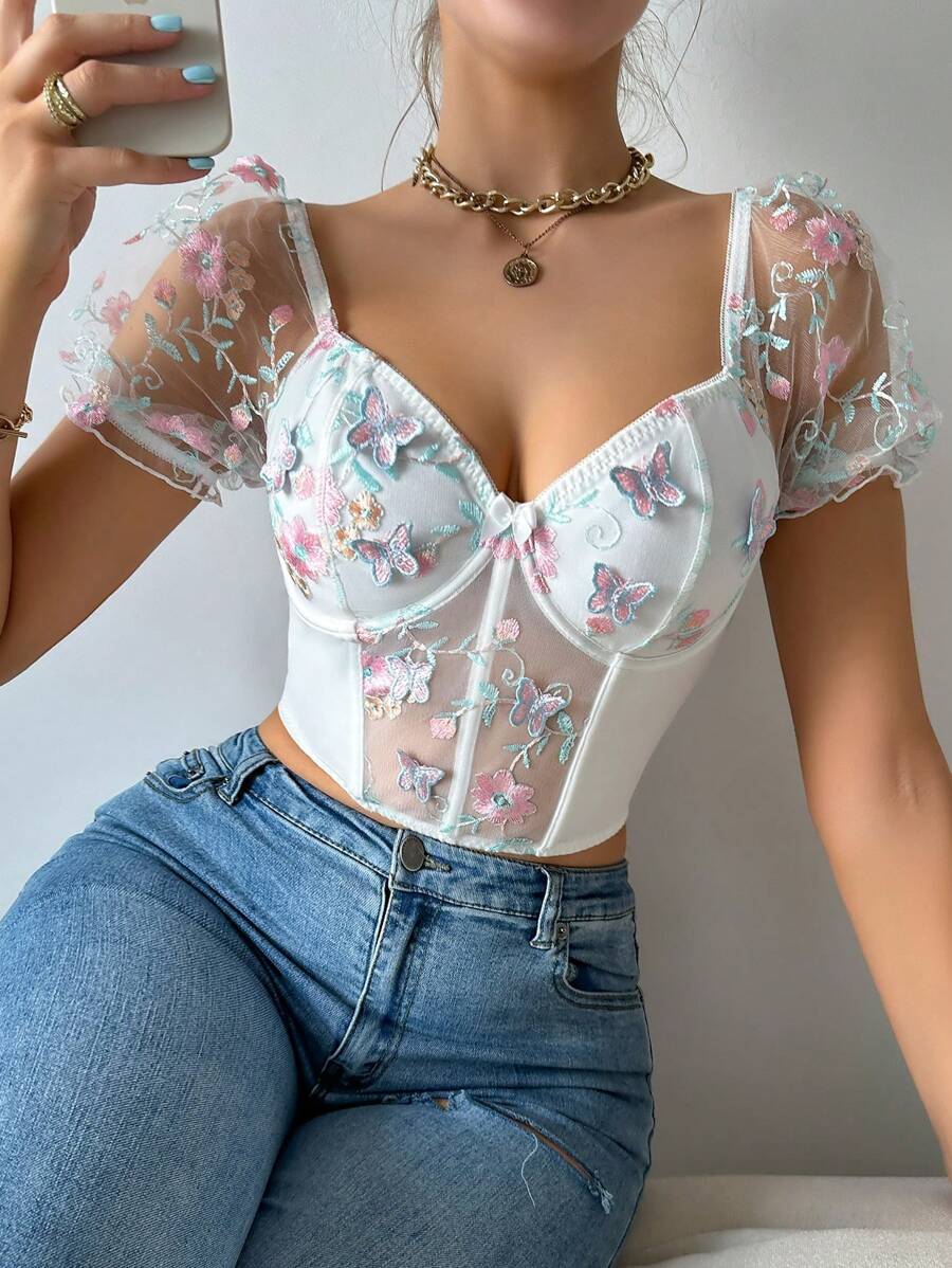 Myrelith Women's Embroidered Contrast Mesh Tulle Puff Sleeve Underwire Bra Top Outside Wearing Bra Lingerie For Music Festival - Multicolor - View 1