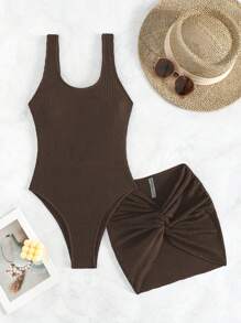 SHEIN Swim Women's Simple And Solid Color Vacation Style One-Piece Swimsuit And Twist Ruched Swim Beach Cover Up Skirt 2pcs/Set Brown Bathing Suit Summer - Coffee Brown - View 3