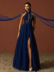 Robe de soirée élégante de VIPGIRL avec encolure à col montant, maille contrastée et fendu. Convient pour les occasions formelles comme les remises de diplômes, les dîners. - Bleu marine - Voir 6