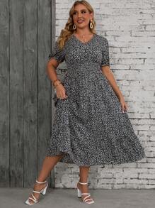 SHEIN VCAY Plus Size Summer Casual Short Sleeve Ditsy Floral Dress - Black and White - View 3