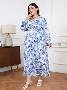 Modelyn 大尺碼女士優雅花卉印花V領長裙，擴張袖口，阿拉伯風格 - 彩色 - 查看 6