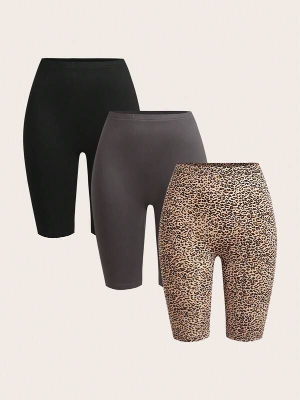 SHEIN EZwear 3pcs Leisure Leopard Print Knitted Bodycon Women's Short Leggings, Suitable For Summer Women's Sportswear