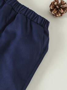 SHEIN 男婴绅士西装套装，长袖夹克和裤子，时尚适合生日派对、晚会、婚礼、洗礼、宝宝的第一个母亲节、家庭套装（不包括衬衫） - 藏蓝色 - 查看 4