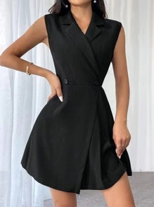 Firerie Ladies' Solid Color Sleeveless Dress With Suit Collar And Pleats, Summer - Grey - View 6