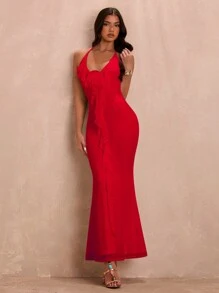 SHEIN BAE Summer Sexy Pink Deep V-Neck 3D Flower Decorated Cami Dress With Ruffled Trim - Red - View 6