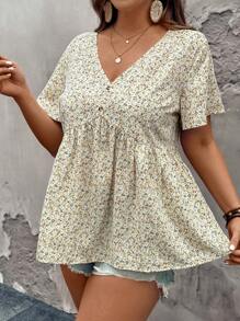 SHEIN LUNE Plus Size Women Floral Pattern V-Neck Short Sleeve Mother Day Shirt For Spring/Summer - Apricot - View 4