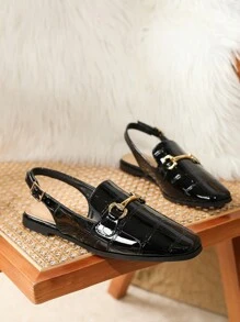 2025 Autumn Women's Slingback Flat Shoes With Square Toe, Metal Buckle, Open Heel And Fashionable Mule Design - Black - View 3