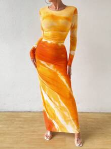 Calvaya Vestido largo de manga larga con cuello redondo, ajustado, con costados fruncidos y efecto tie-dye para mujer, atuendo de fiesta y celebración de Año Nuevo