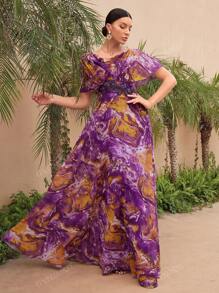UNITHORSE Random Cut Floral Pattern Batwing Sleeve Dress With Waist Beading And Embroidery, Elegant And Sophisticated With A High-End Flair