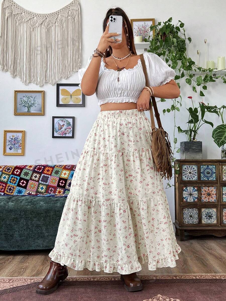 Flirla Falda larga con estampado aleatorio para uso diario, ideal para vacaciones y playa