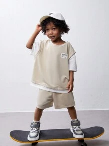 SHEIN Ensemble tee-shirt et short décontracté pour garçon en tricot à blocs de couleurs et à impression de lettres 2 en 1 avec étiquette brodée - Nude - Voir 4