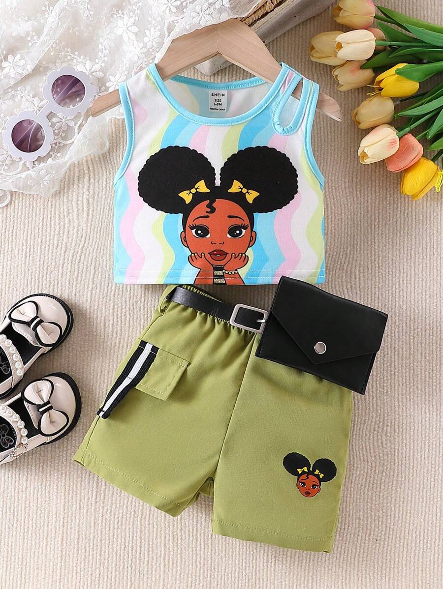 Toddler Girls' Cool Cartoon Printed Sleeveless Top And Utility Skirt Set With Bag, Spring/Summer Fashion - Army Green - View 1