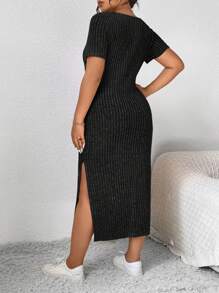 SHEIN Frenchy Plus Size Summer Casual Solid Color Side Slit Dress