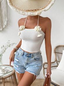 SHEIN VCAY Women's Floral Decorated Sleeveless Camisole With Halter - White - View 3