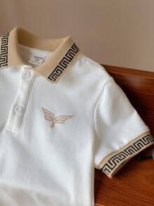 SHEIN 2pcs Young Boy Casual Classic Embroidery Logo Polo Shirt With Short Sleeves And Sports Shorts