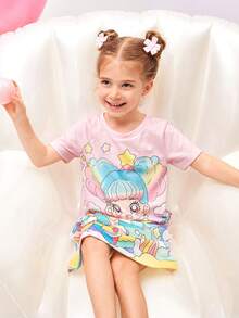 少女淺粉色卡通少女印花短袖睡衣裙，家居服 - 淺粉色 - 查看 4