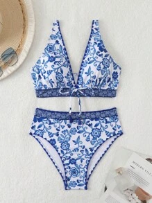 Women's Tropical Floral Printed Front Tie Sexy Bikini Set For Vacation, Bikini Set Summer Beach