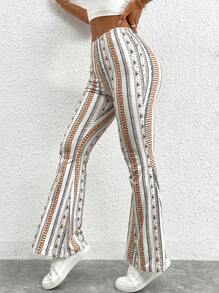 SHEIN PETITE Pantalones acampanados con estampado geométrico, pantalones bohemios de verano - Multicolor - Ver 6
