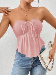 SHEIN PETITE Áo quây có viền bất đối xứng xếp li cho nữ, mùa hè - Hồng - Xem 4