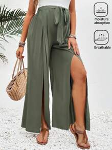 SHEIN Quần ống rộng xẻ dây rút thông thường dành cho bà bầu - xanh quân đội - Xem 3